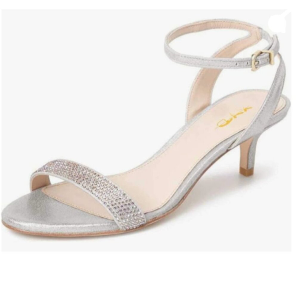 XYD Silver Open Toe Ankle Strap Sandals Wedding Kitten Heels Rhinestones Shoes